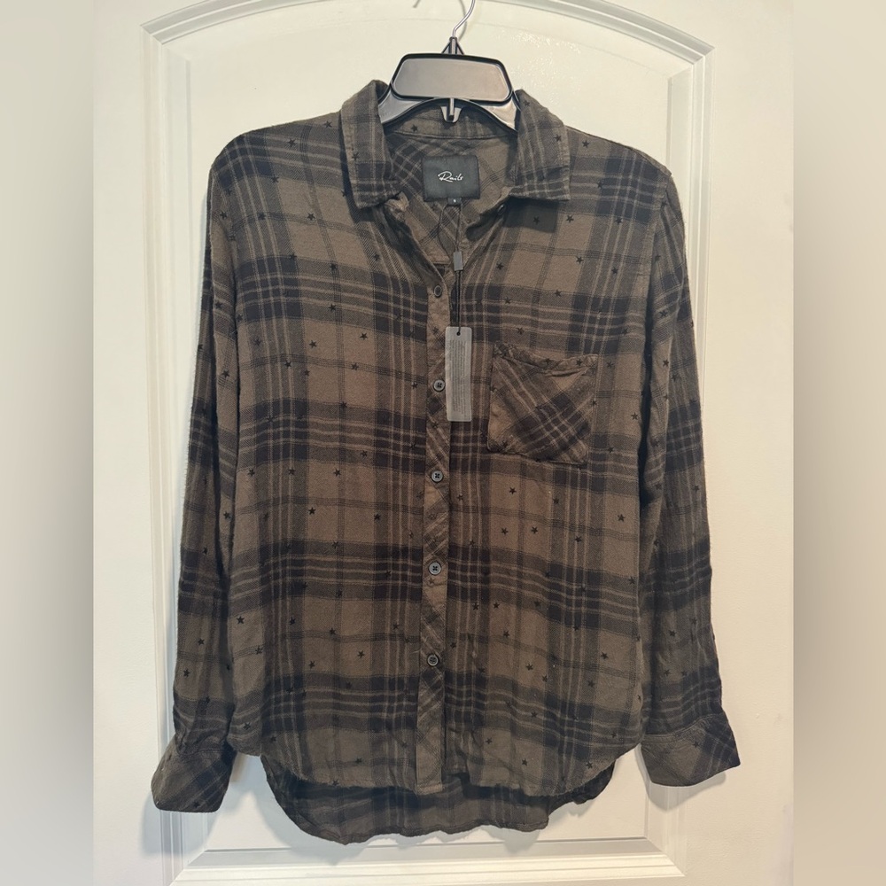 Rails Black Olive Star Plaid Button Down Shirt Rayon Small Western Boho